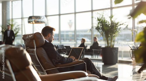 A businessman working on his laptop in an airport lounge, representing corporate travel, productivity on the go, and modern business environments.