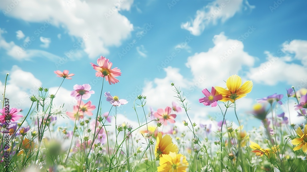 Multicolored Cosmos Flowers in Meadow in Spring Summer
Multicolored Cosmos Flowers in Meadow in Spring Summer