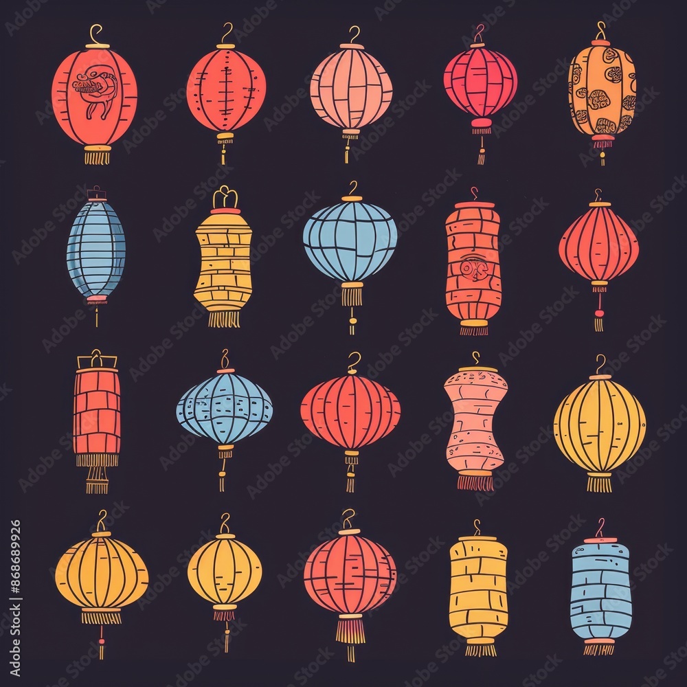 Obraz premium Asian lamp icon, chinese lantern isolated, traditional oriental lantern, light symbol, doodle, sketched flashlight