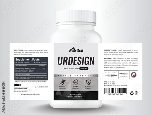 Food supplement vitamin medicine label sticker design dietary drug capsule and tablet modern bottle jar box packaging.