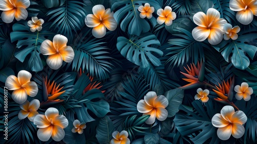 The seamless contour pattern features tropical foliage and flowers. There is a monstera fern, palm fronds, and a bird of paradise.