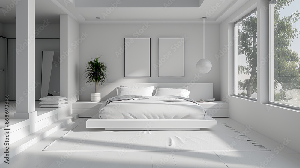 A sleek white bedroom with a minimalist design, featuring modern furniture and a clean, uncluttered layout. The image offers plenty of copy space for adding text or graphics. A sleek white bedroom with a minimalist design, featuring modern furniture and a clean, uncluttered layout. The image offers plenty of copy space for adding text or graphics.