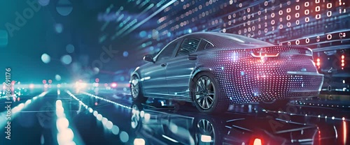 Abstract blue digital car charging with binary code background, data technology concept