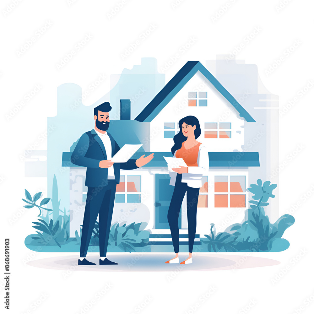 Fototapeta premium Real estate agent and customer with house. Vector illustration in flat style