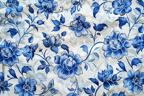 This white cotton tablecloth has an ornate floral pattern in blue. photo