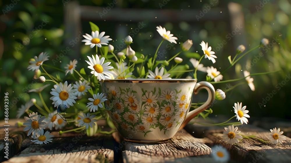 Garden teacup with chamomile flowers on a rustic table very detailed and realistic shape Garden teacup with chamomile flowers on a rustic table very detailed and realistic shape