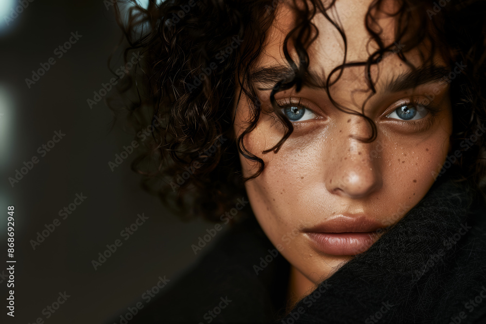 Portrait of a sad, upset young woman wrapping herself in a black coat, mental health problems and life care advertising concept