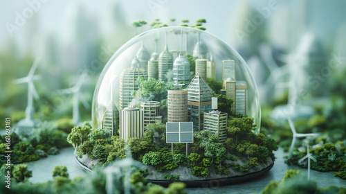 A miniature green city model encapsulated within a sleek glass dome. The city features eco-friendly buildings, lush green spaces photo