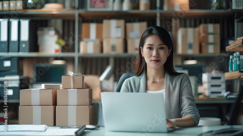 A small business owner ulzzang asian woman working on a laptop in her office