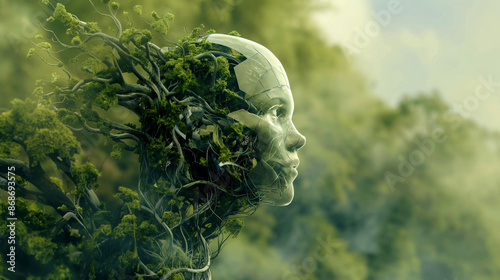 Profile of a human face blended with green foliage. photo