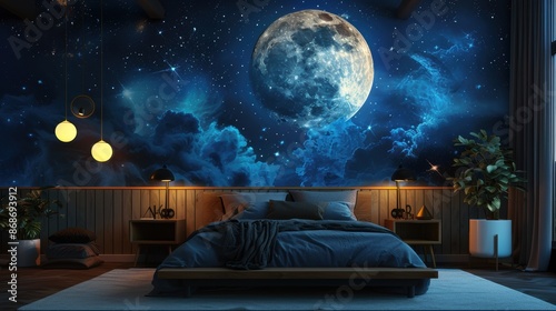 A stylish bedroom with a celestial twist, incorporating Astra motifs into its minimalist decor. The image offers plenty of copy space for adding text or graphics, ideal for customization.