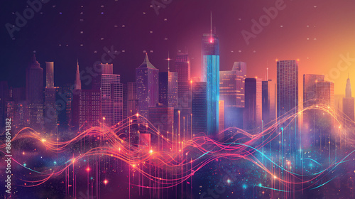A smart cityscape with abstract dot points connected by gradient line © Jirut