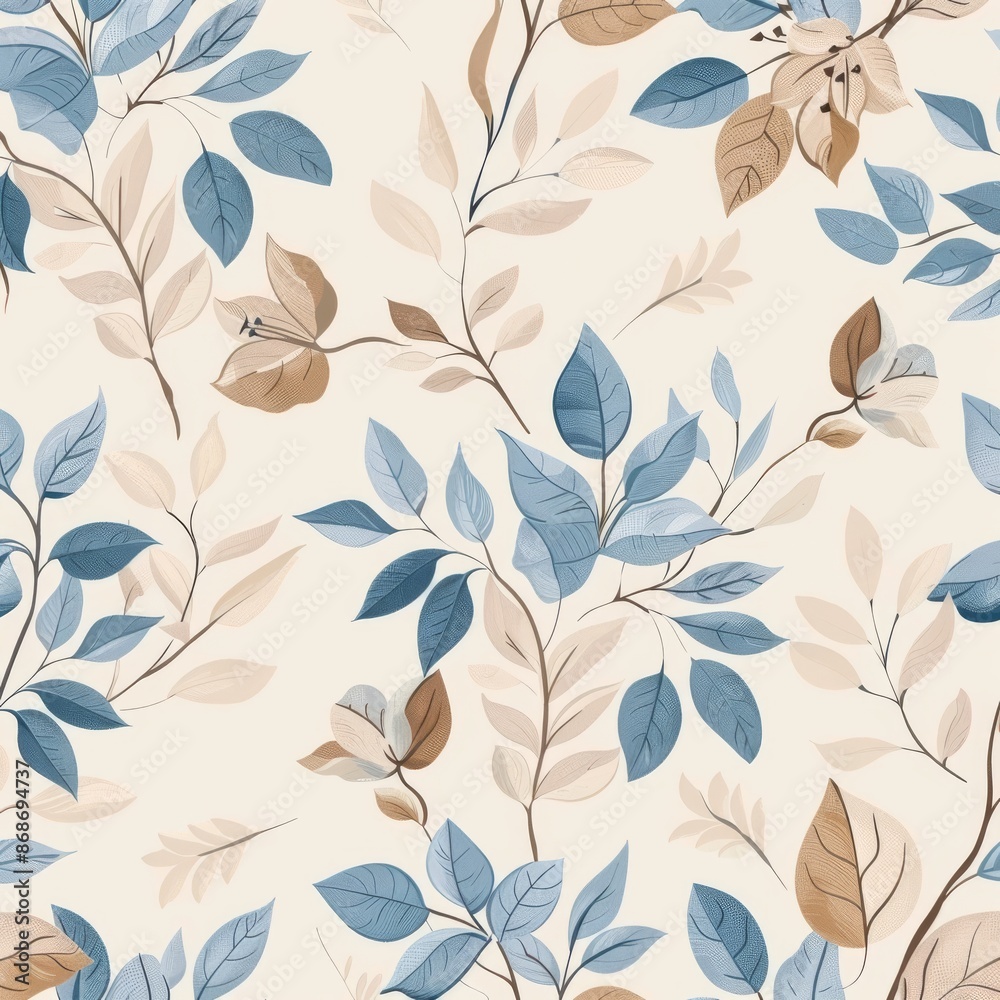In soft blue and beige, this seamless pattern features elegant flowers and leaves In soft blue and beige, this seamless pattern features elegant flowers and leaves