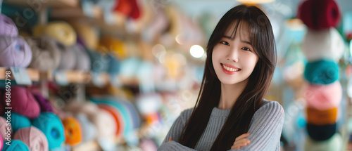 Asia young small business entrepreneur woman in a Ordinary Attire Standing cross arm in her Small Yarn shop blurred in bokeh photo