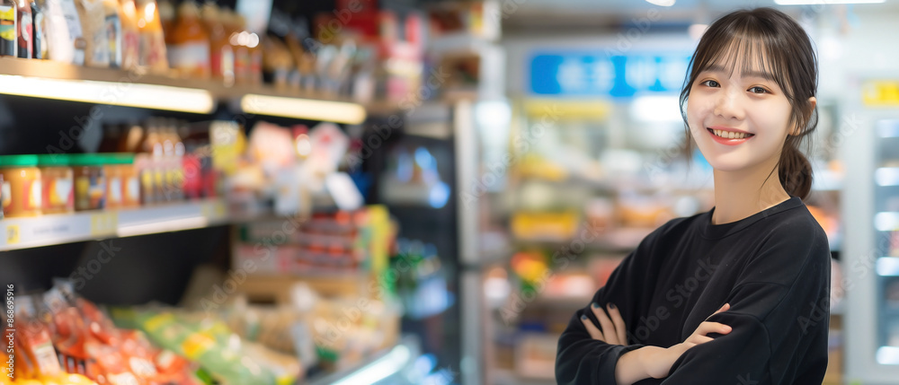 Asia young small business entrepreneur woman in a Ordinary Attire Standing cross arm in her Small Food box shop blurred in bokeh Asia young small business entrepreneur woman in a Ordinary Attire Standing cross arm in her Small Food box shop blurred in bokeh
