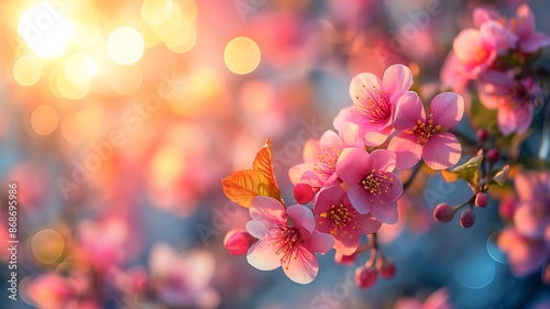 Delicate pink cherry blossoms blooming in soft sunlight. © M. SYAHRIL
