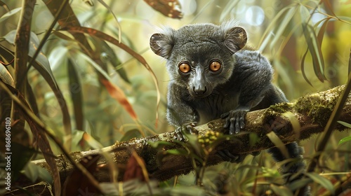 Grey bamboo lemur hapalemur griseus small lemur endemic to madagascar in dense forest of ranomafana national park very detailed and realistic shape photo