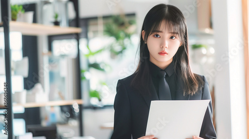 Asian girl in a Dark sharp suit Standing and holding paper that write "Not approved" with unpleasantly surprised by no good results 