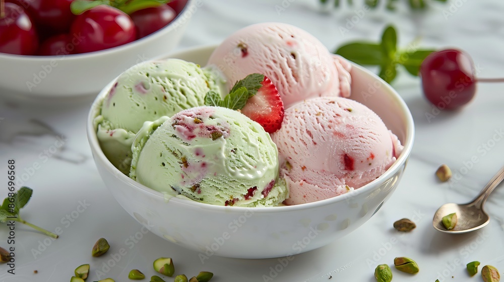Pistachio, strawberry, and vanilla ice cream topped with a sweet cherry