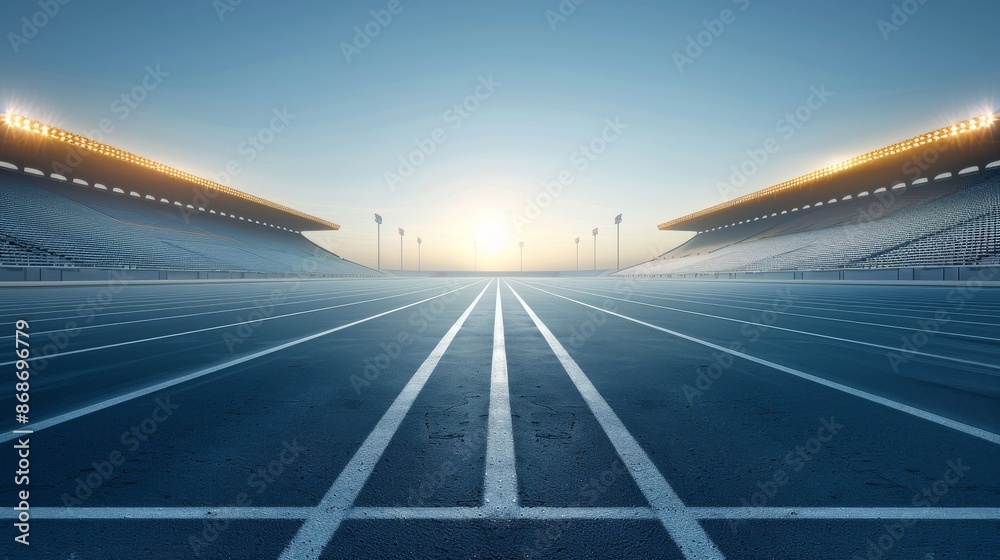 Empty athletics stadium at sunrise with multiple running lanes, captured from a low angle view, showcasing a modern and expansive sports arena. Empty athletics stadium at sunrise with multiple running lanes, captured from a low angle view, showcasing a modern and expansive sports arena.