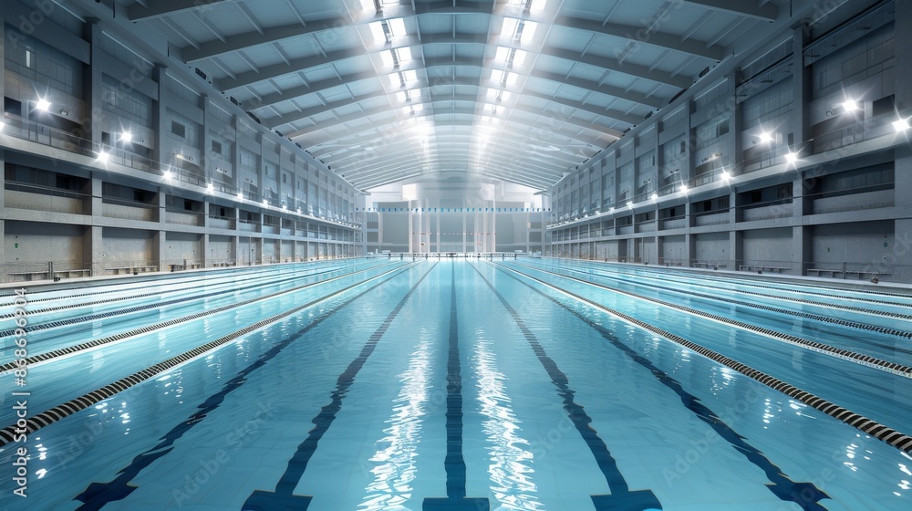 Obraz premium Indoor Olympic-size swimming pool with lanes. Bright lighting and empty space. Perfect for sports and training activities.