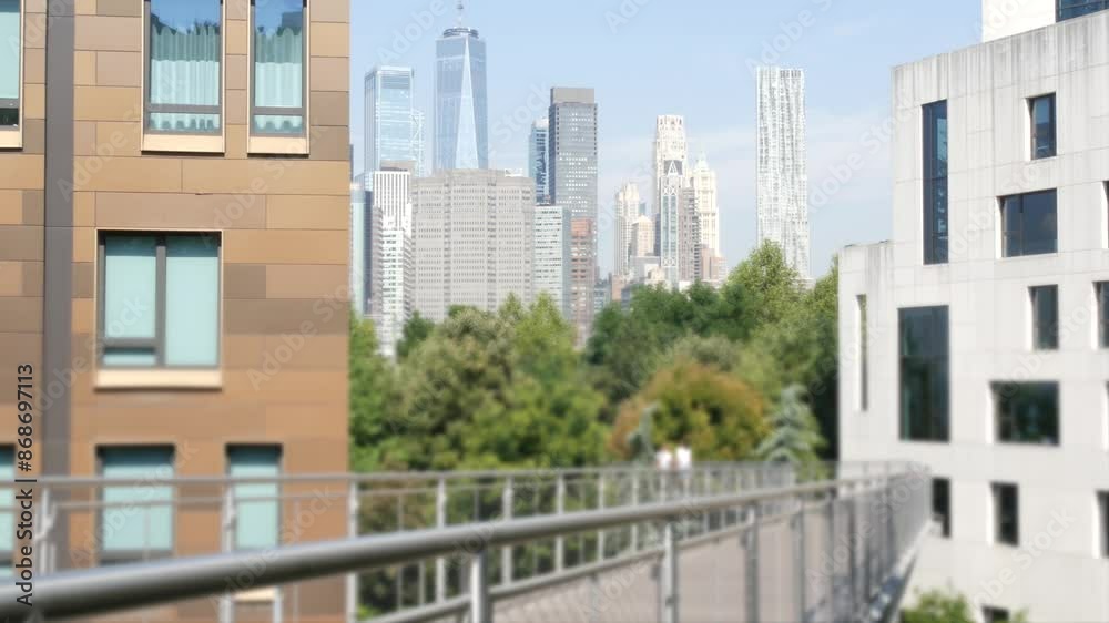 New York City Manhattan Downtown Financial District Skyline cityscape, Brooklyn Heights footbridge, United States. Urban building architecture, World Trade Center skyscraper in USA. Squibb park bridge New York City Manhattan Downtown Financial District Skyline cityscape, Brooklyn Heights footbridge, United States. Urban building architecture, World Trade Center skyscraper in USA. Squibb park bridge