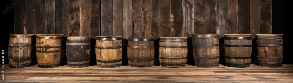 Rustic wooden barrels used as podiums on an old barn wood floor, rustic charm Rustic wooden barrels used as podiums on an old barn wood floor, rustic charm