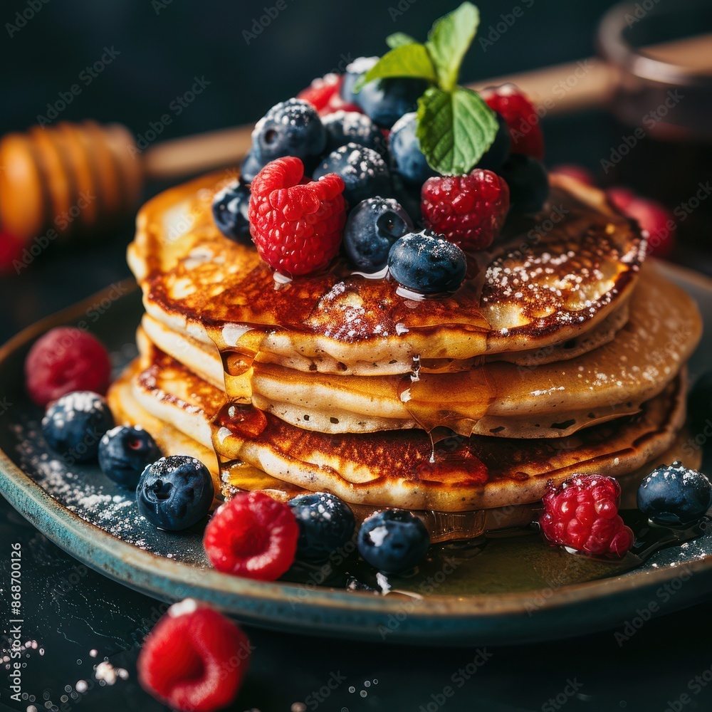 Homemade pancakes topped with fresh blueberries, raspberries, and a drizzle of honey. A delicious and inviting breakfast scene. Free copy space for text. Homemade pancakes topped with fresh blueberries, raspberries, and a drizzle of honey. A delicious and inviting breakfast scene. Free copy space for text.
