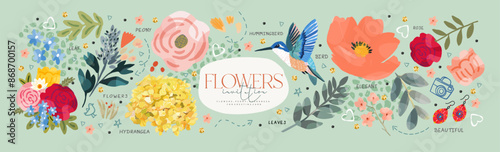 Flowers and floral print. Vector cute illustration of peony, leaves, rose, hummingbird, hydrangea and plants for greeting card, wedding invitation, background, pattern or poster