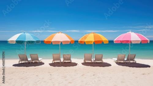 Wide, sandy beach under a high noon sun, beach umbrellas creating splashes of color against the bright, white sand © Premreuthai