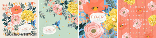 Flowers and floral print. Vector cute illustration of peony, leaves, rose, hummingbird, hydrangea and plants for greeting card, wedding invitation, background, pattern or poster