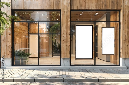Modern store front with blank signage for branding