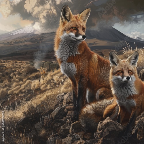 Two foxes are standing on a rocky hillside, looking at the camera