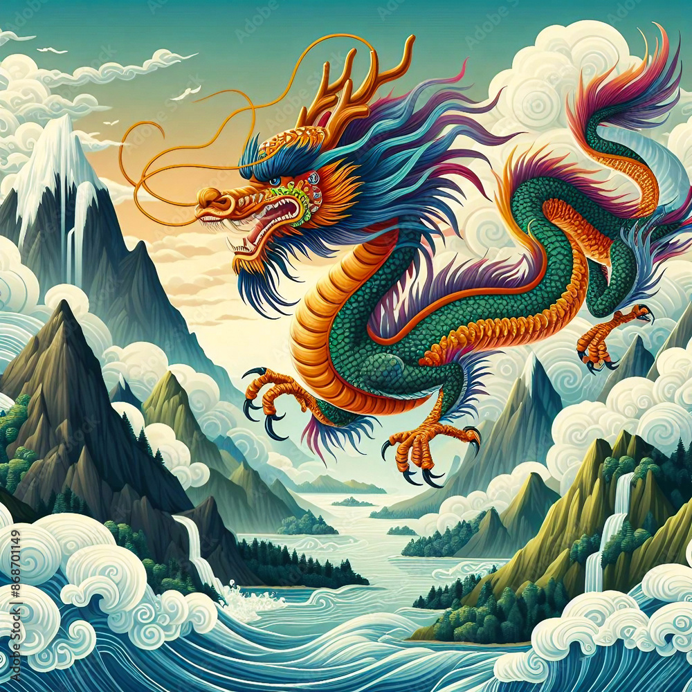 a painting of a dragon flying over a body of water a painting of a dragon flying over a body of water