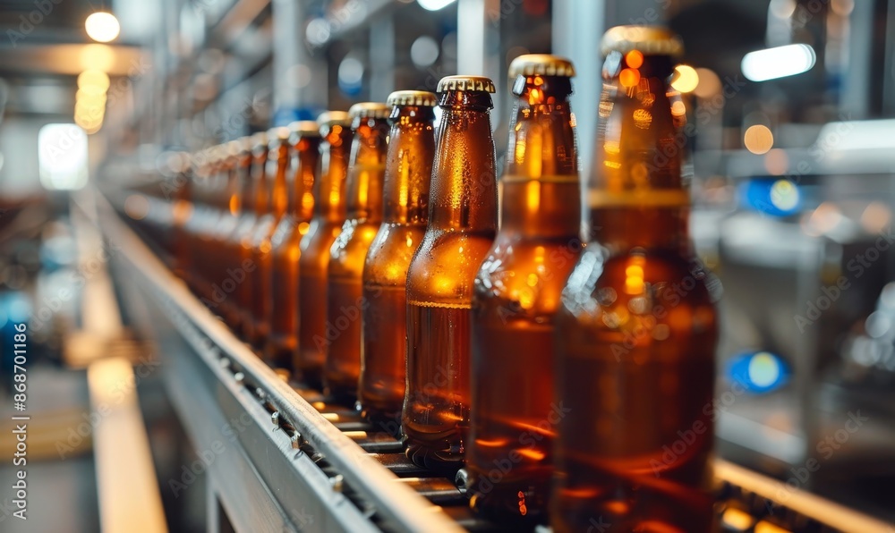 Craft beer bottles moving on a conveyor belt in an artisanal brewery,