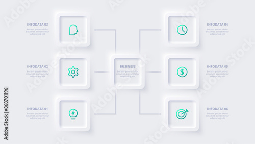 Neumorphic flowchart infographic. Creative concept for infographic with 6 options. Template for presentation and chart.