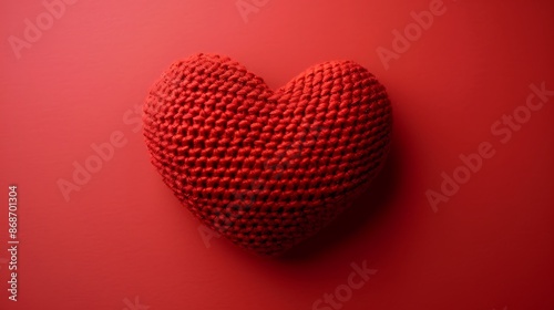 Hand knitted crochet heart placed against a pale red background very detailed and realistic shape