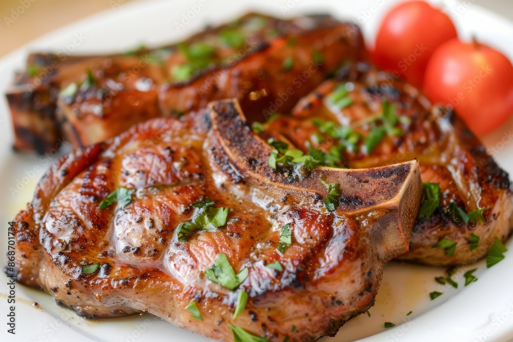 Closeup of Juicy Grilled Pork Chops with Herbs Closeup of Juicy Grilled Pork Chops with Herbs