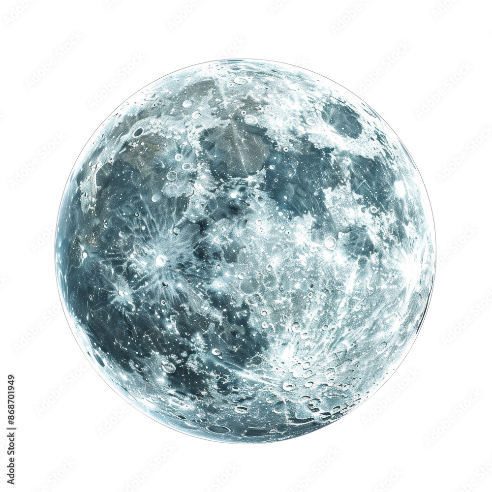 A high-resolution, detailed image of the moon's surface showcasing craters and texture against a white background.