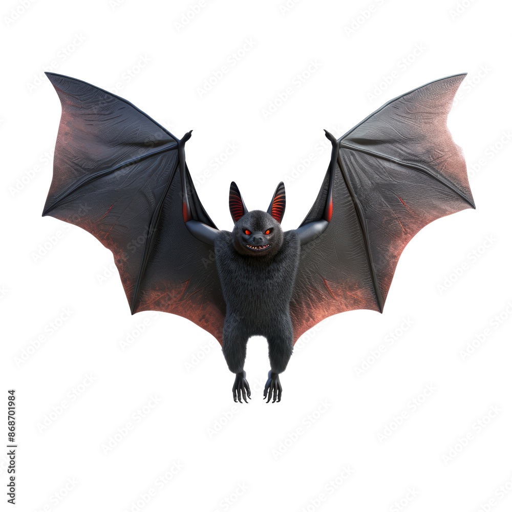 Fototapeta premium A spooky black bat with red eyes and wings spread wide, perfect for Halloween themes or horror-related designs.
