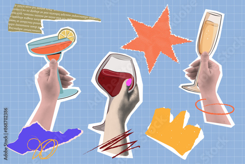Vibrant Halftone Collages sticker set Of Hands With Drinks. 