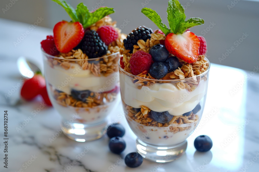 Two glasses of fruit and cereal dessert with blueberries and strawberries Two glasses of fruit and cereal dessert with blueberries and strawberries