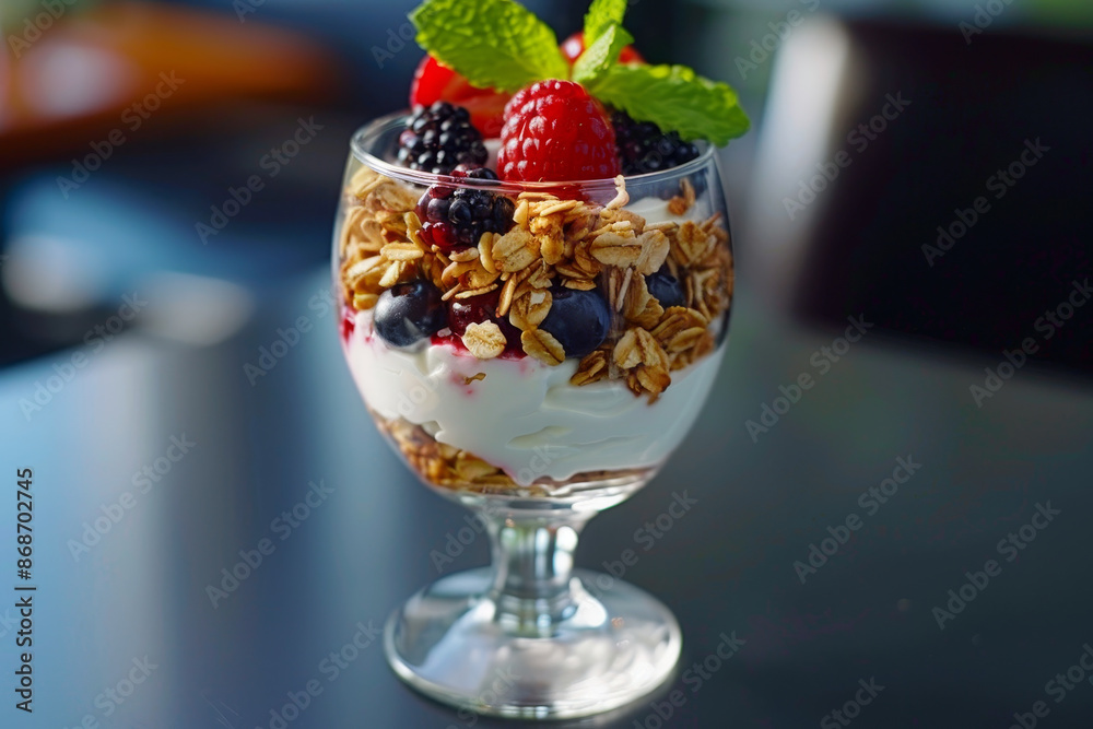 A glass of fruit and cereal with a blueberry and raspberry topping A glass of fruit and cereal with a blueberry and raspberry topping