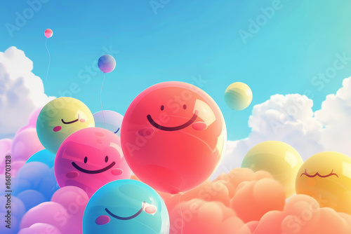 A group of colorful balloons with smiling faces are floating in the sky