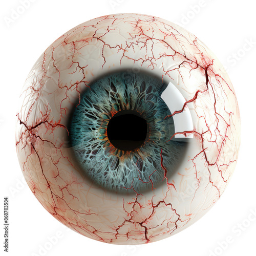 Detailed close-up of a human eyeball with intricate veins and a blue iris, isolated on a white background. photo