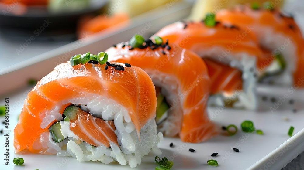 Savory salmon sushi rolls, made with traditional Japanese sushi rice Savory salmon sushi rolls, made with traditional Japanese sushi rice