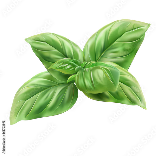Fresh green basil leaves isolated on white background. Aromatic herb used in cooking for its fragrant, slightly peppery flavor.