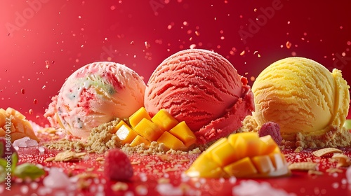 Ice cream in pista kulfa and mango flavours in a red background very detailed and realistic shape
