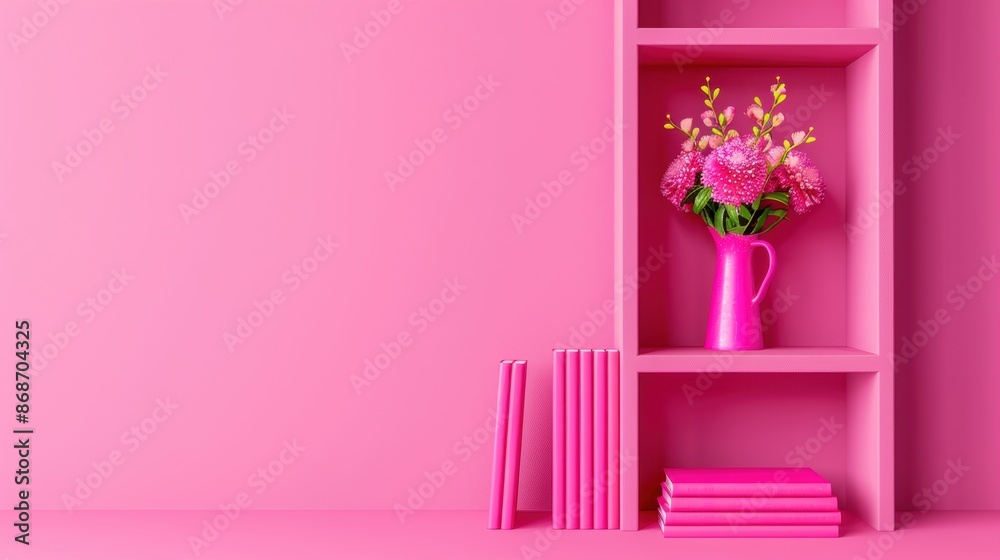 A sleek and simple pink bookshelf, perfectly embodying minimalist design principles. The photo provides ample copy space for various applications. A sleek and simple pink bookshelf, perfectly embodying minimalist design principles. The photo provides ample copy space for various applications.