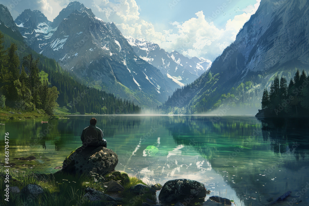 A man sits on a rock by a lake, looking out at the mountains in the distance